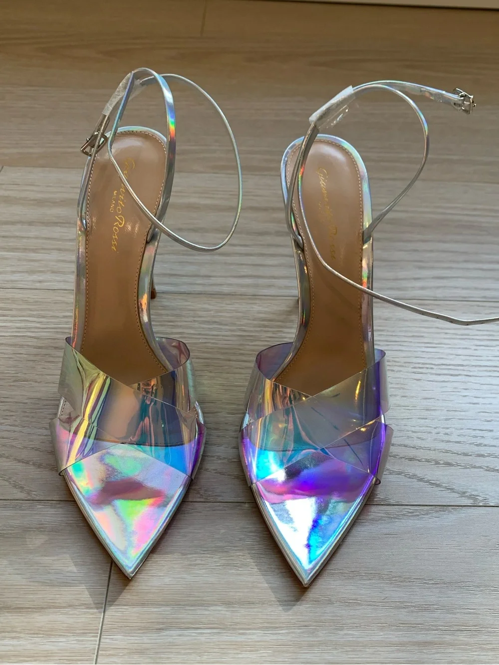 Gianvito Rossi Iridescent Leather and PVC Stark Sandals Heels NWT Size 39.5 IT - Picture 6 of 10